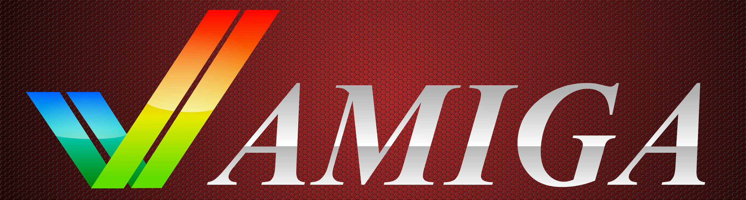 A recreation of the Commodore Amiga logo over an hexagonal pattern