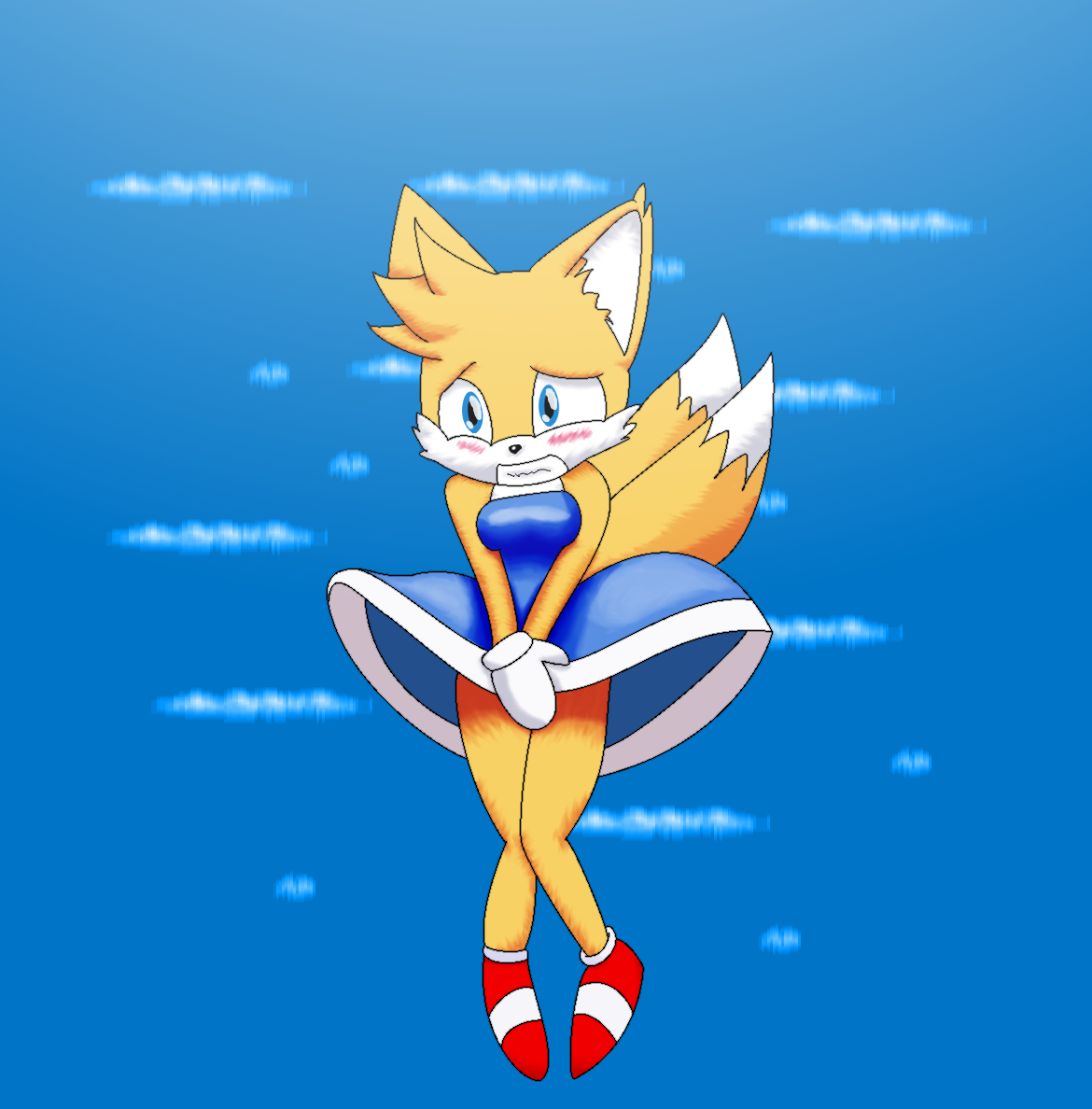 An alternate take on the prior picture, most notable, the magenta dress is now blue, and the sky has changed in hue to be more cyan to facilitate contrast.