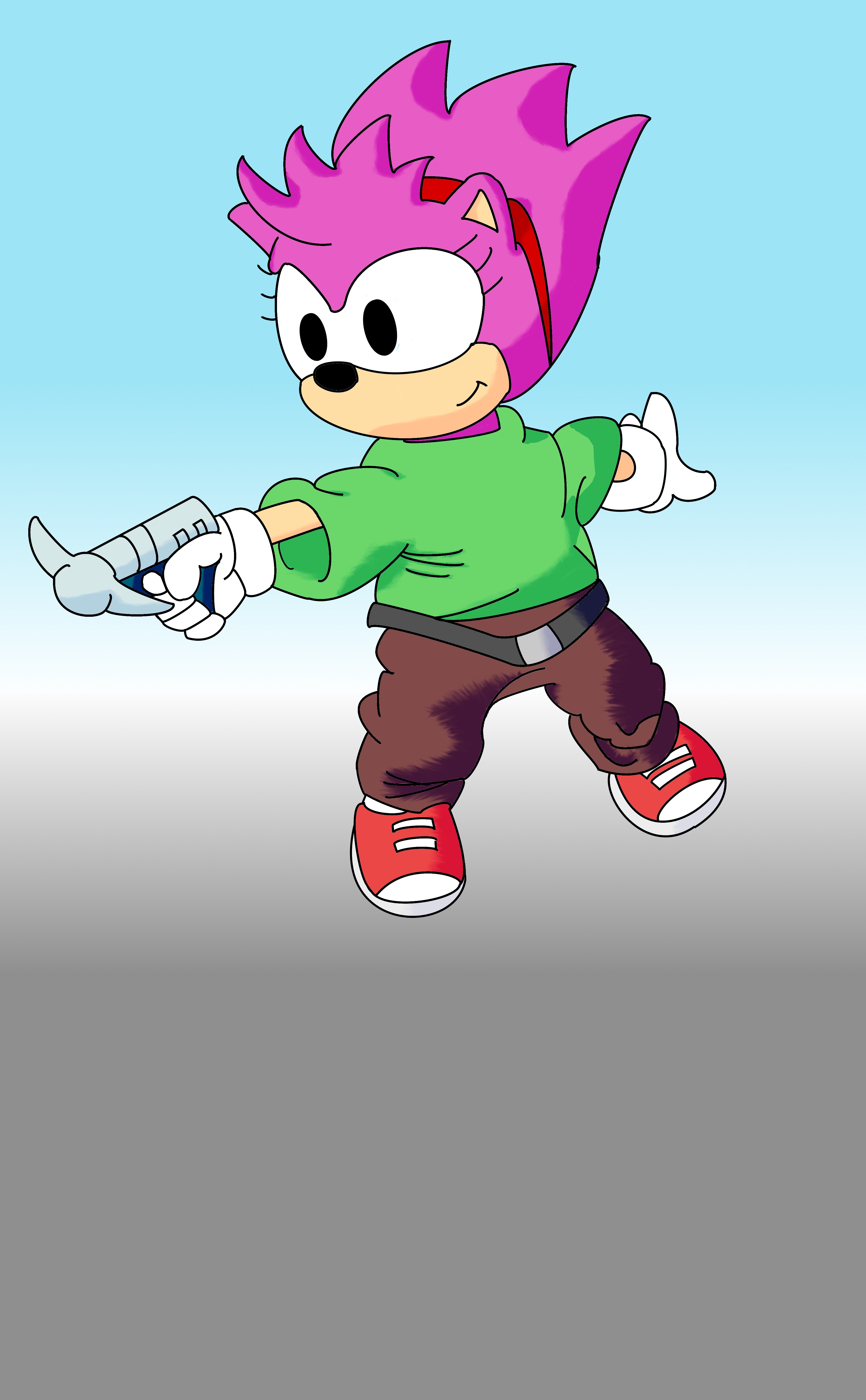 A traced over sketch of Amy Rose from the Fleetway comics, crossbow in hand. She's floating over a vague gradient.