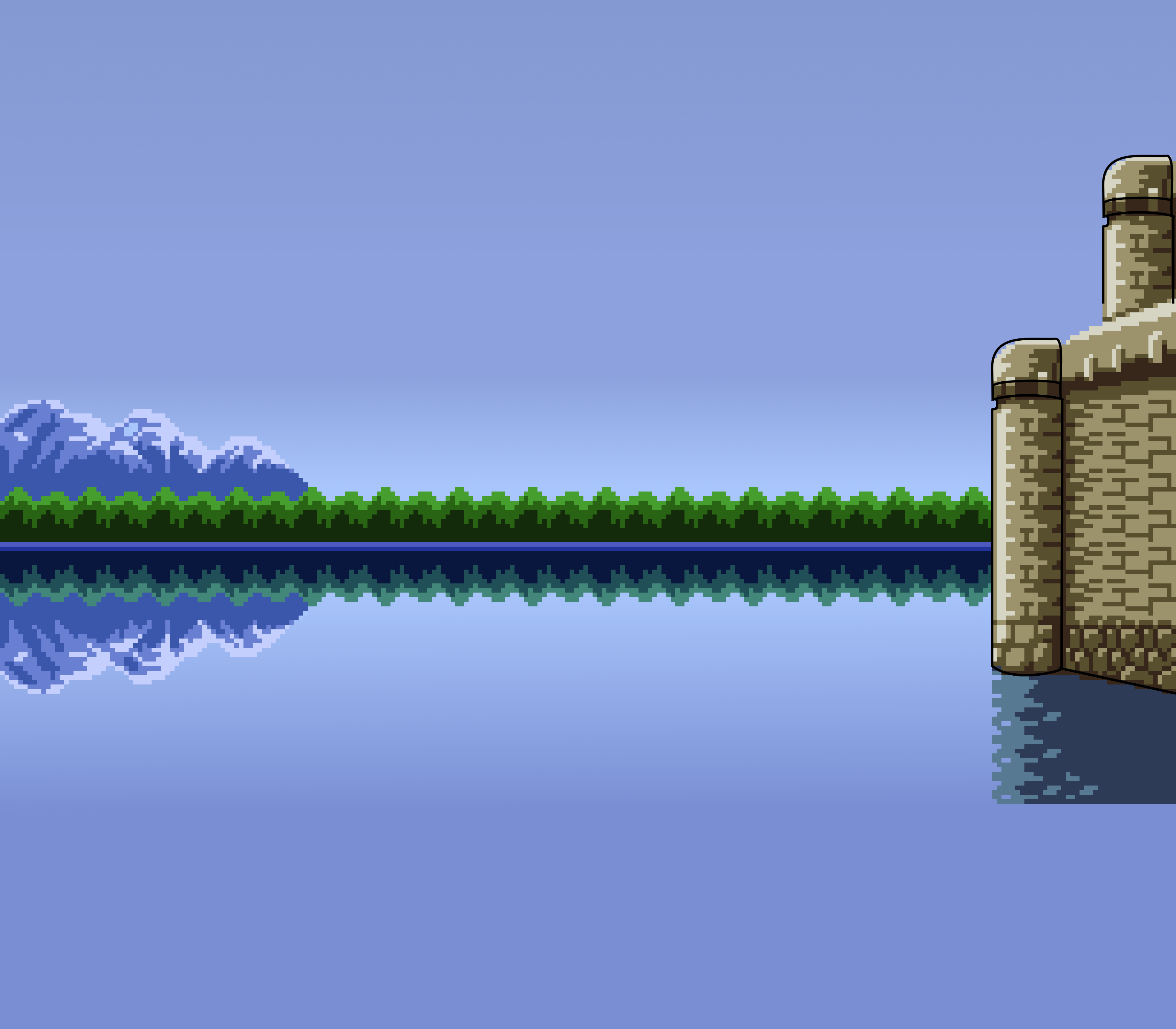 An unfinished digital image of a pixelated mountain range, a lake, and castle walls over the right edge of the screen. It is an unfinished approximation of The Legend Of Zelda: A Link To The Past's tile screen