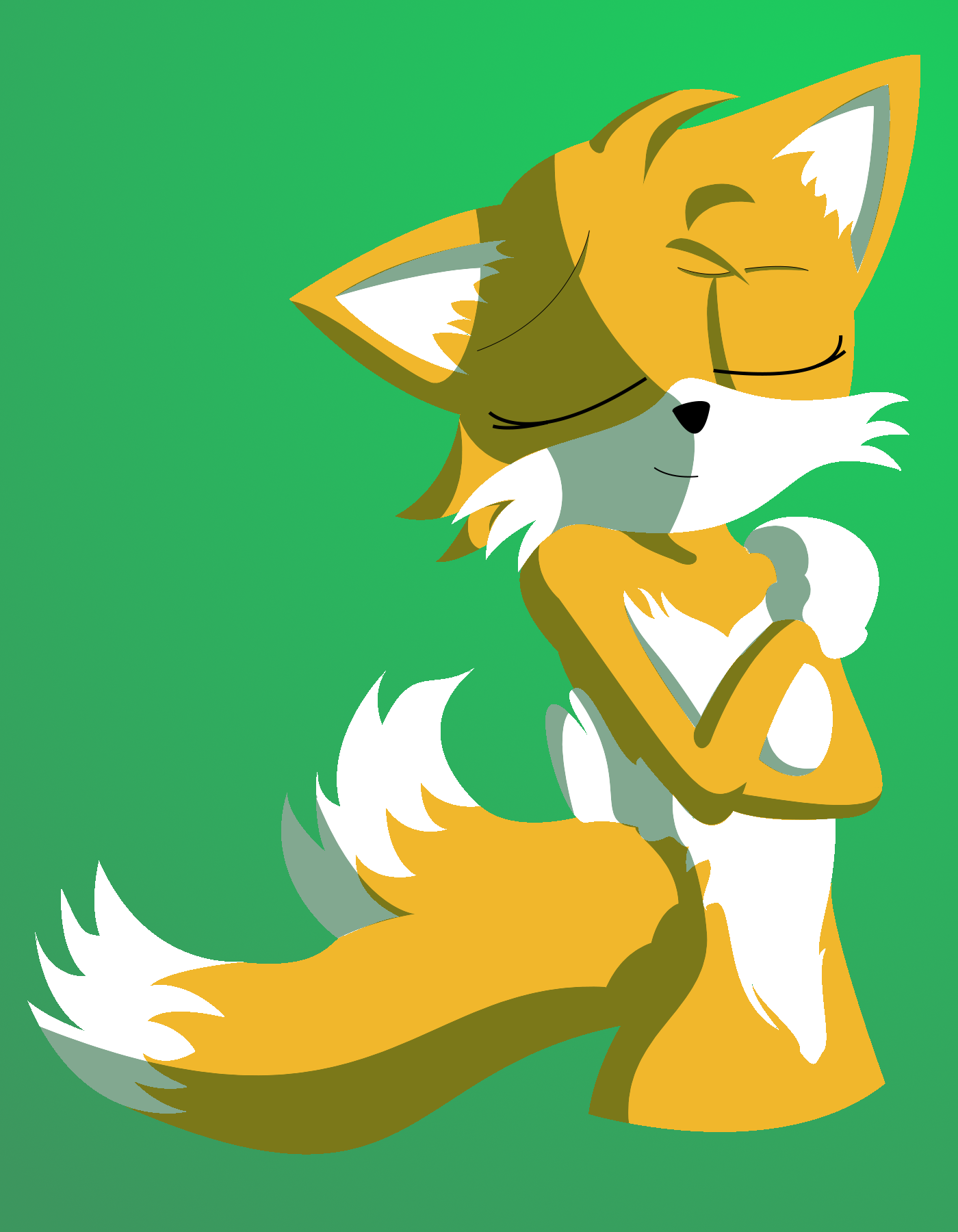 A naked two tailed vixen stands in a non-descript green background, eyes closed and embracing themselves. They look somewhat tranquil, as if they wished upon something and it finally came true. The image is done in an overly flat style, a rasterized imitation of flat vectors