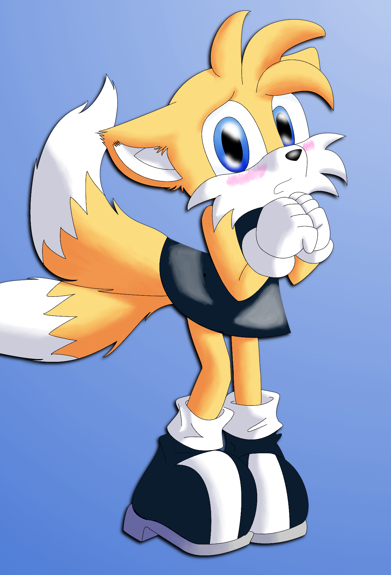 A three-quarters view of a two tailed vixen looking embarrased, they are blushing and holding their hands together, tails awkwardly poking from underneath their dress, as if caught in the act.