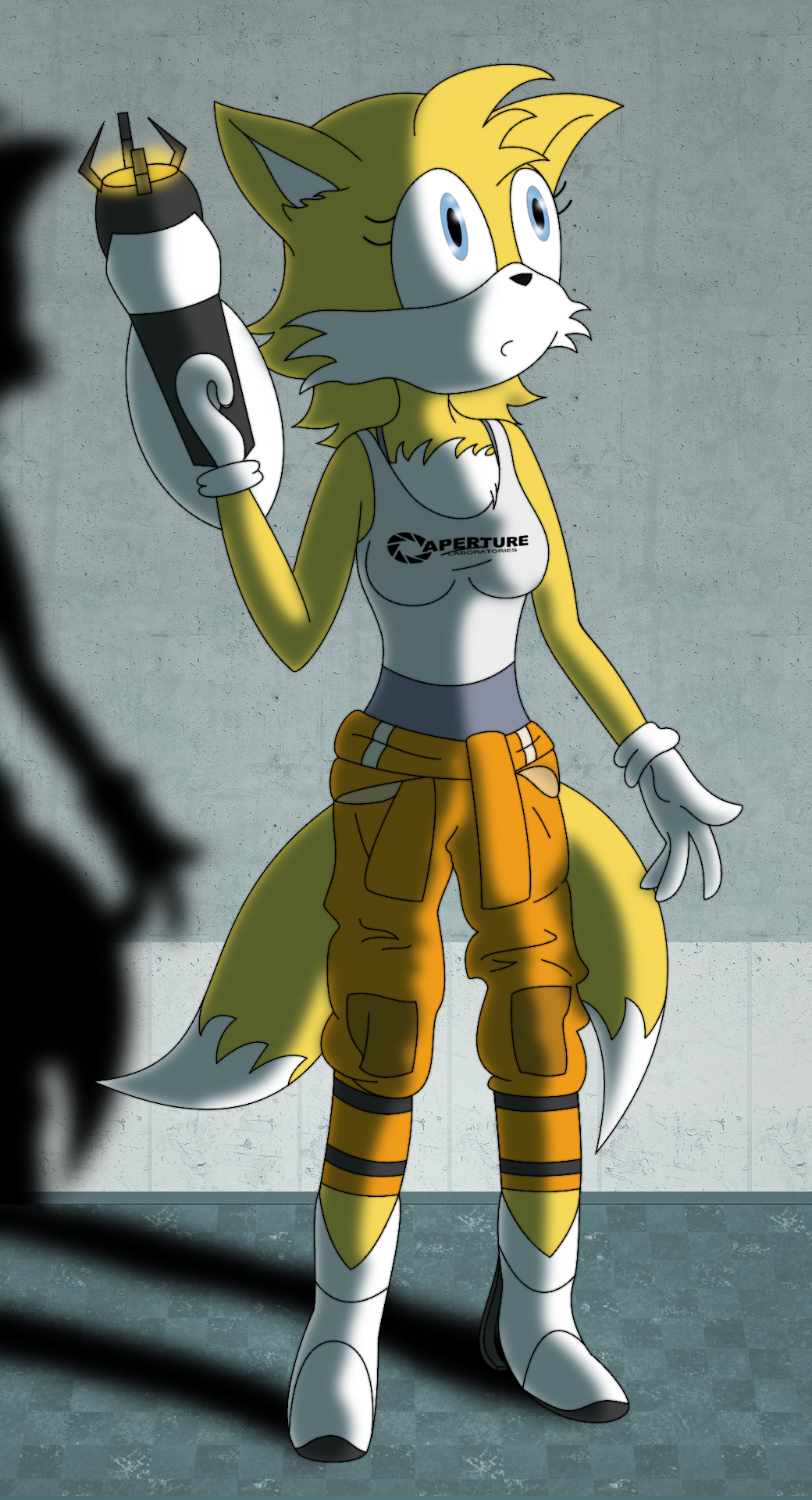 A version of Femme Tails clad in the Portal 2 testing uniform, looking vaguely at the distance