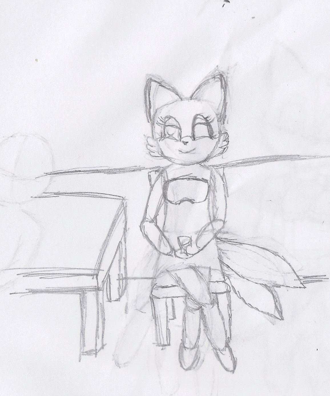 Tails-Chan on a chair, holding a mug. The drawing is very crude and everything is kind of iffy. The eyes are missing (a feature common to all our drawings for over a decade during their WIP stages)